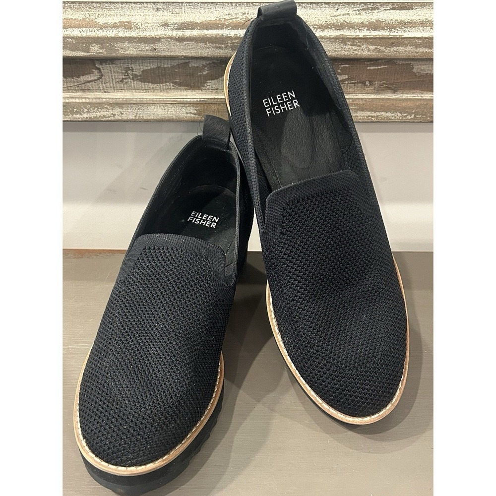 Eileen Fisher Platform Wedge Slip On‎ Ergos Black Comfy Recycled Breathable 9.5